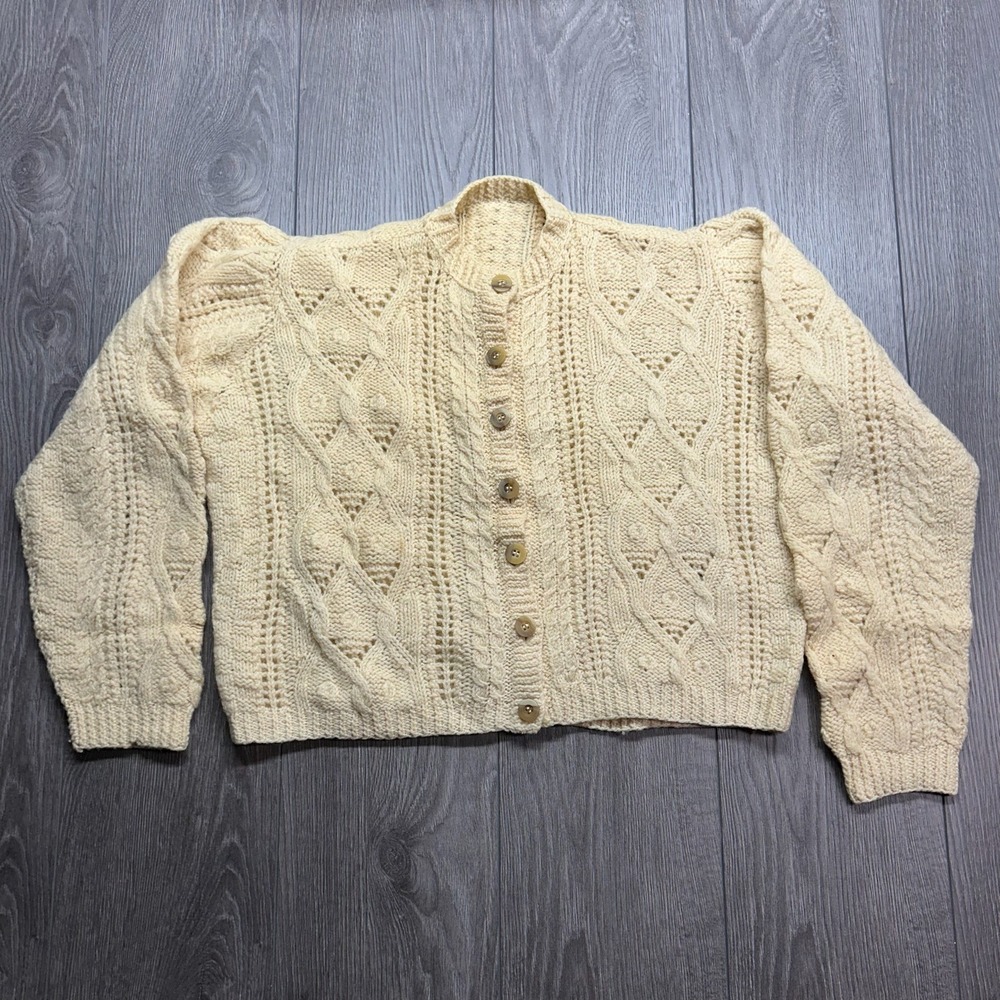 Vintage 70s Hand Knit Wool Cardigan Cream Cable Pointelle Button Front Sweater S